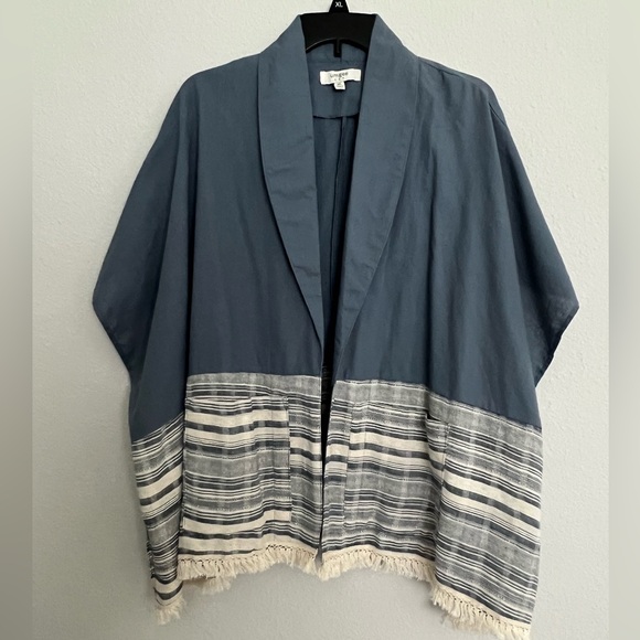 Umgee Boho Blue Kimono Wide Stripe Bottom Natural Fringe Trim Lapel Cardigan M/L - Picture 2 of 8